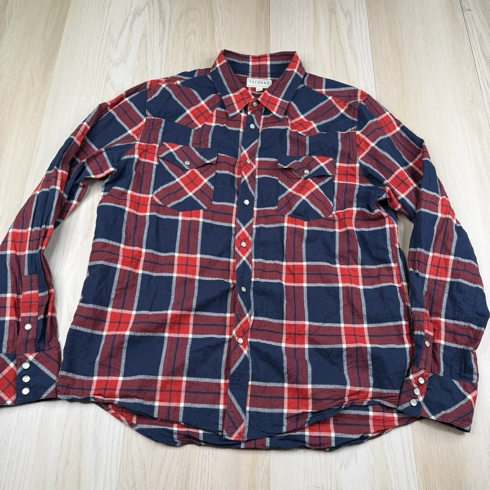 Tecovas Pearl Snap Shirt Long Sleeve Western Cowboy Mens L Large Blue Red Plaid